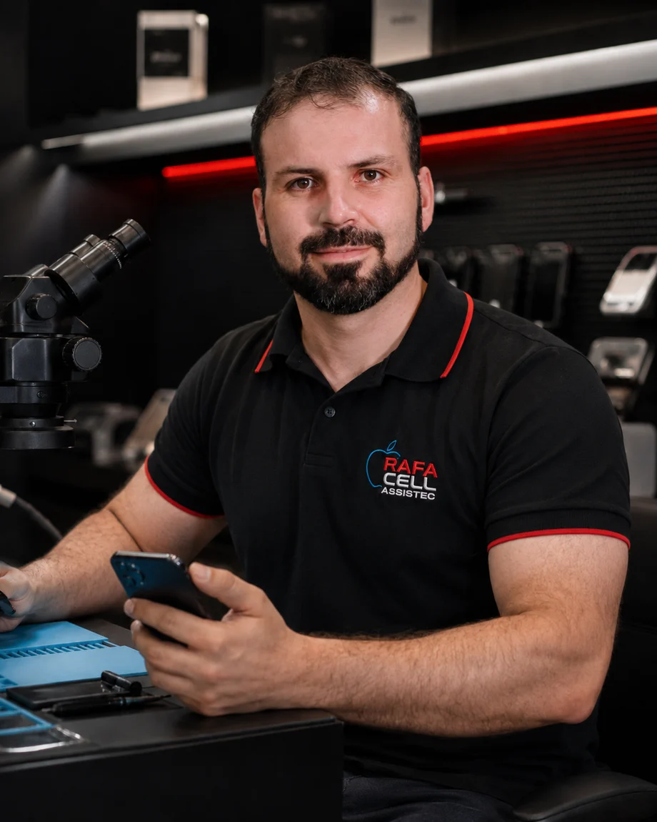 Proprietário e técnico da RafaCell Assistec na bancada de manutenção.